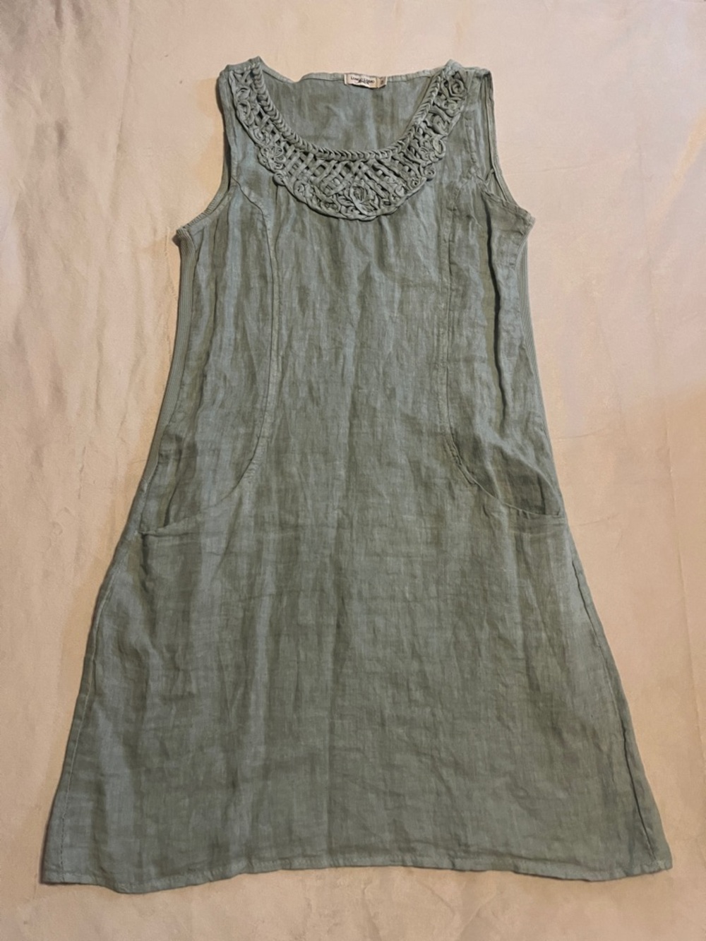 Lungo L’arno 100% linen Sleeveless Dress Sage Green with Crochet Neckline